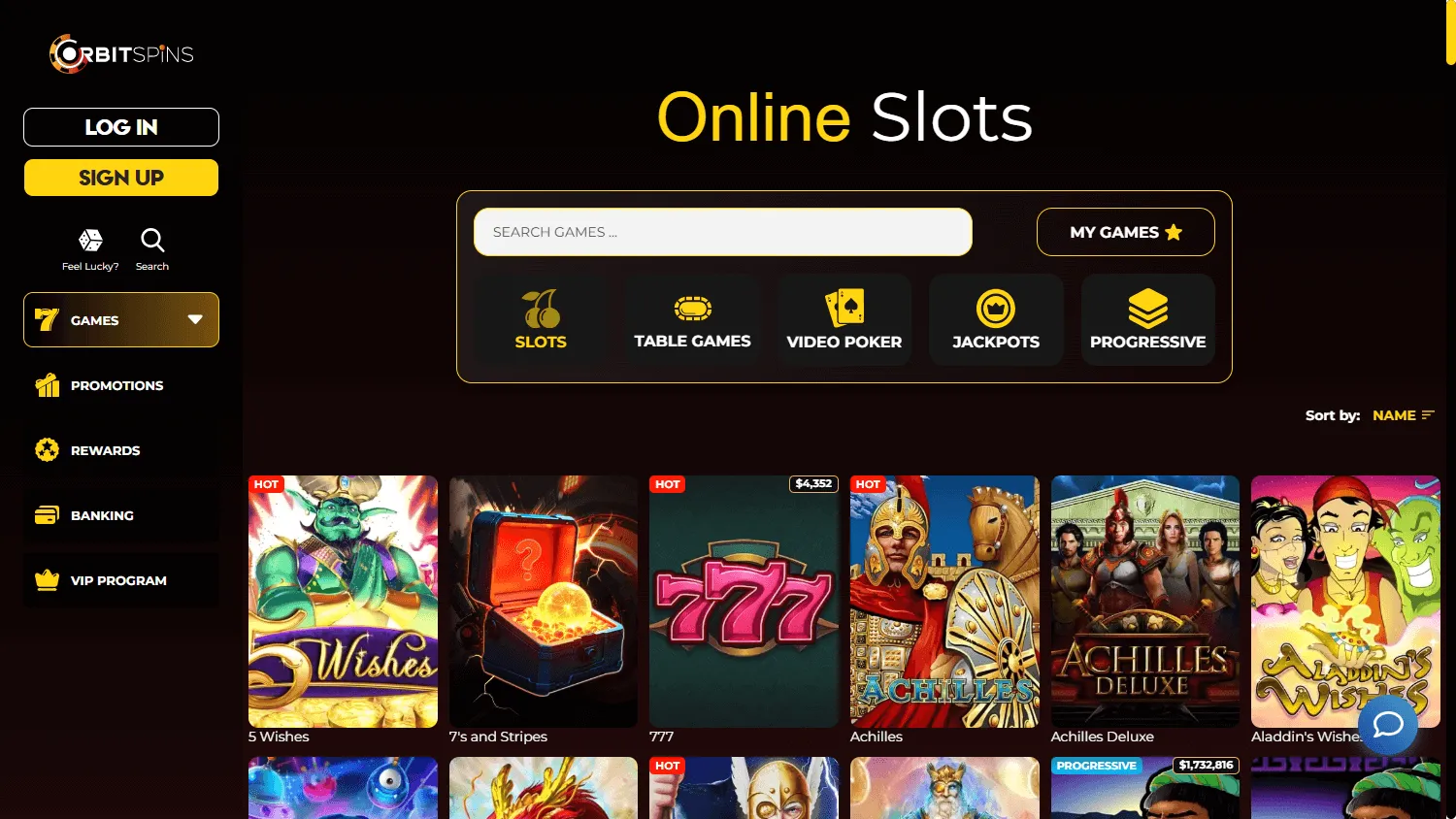 Orbit Spins Casino games area on desktop