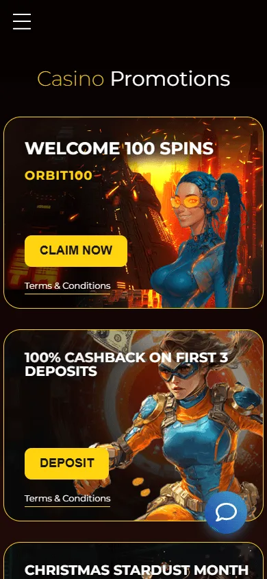 Orbit Spins Casino promotions area on a mobile browser